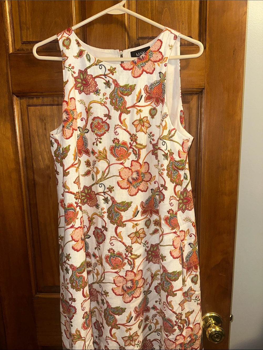 MSK White Floral Shift Dress with Red and Green Embroidery